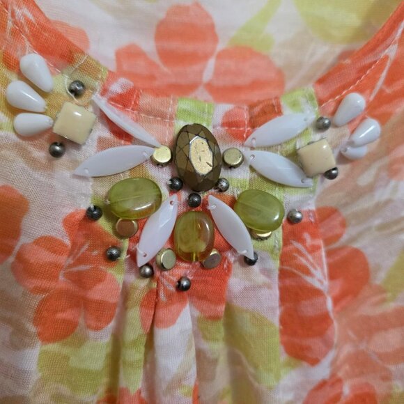 PL Ruby Rd Top with Bead Detail in orange and green flowers on white 60% Cotton - Picture 3 of 7